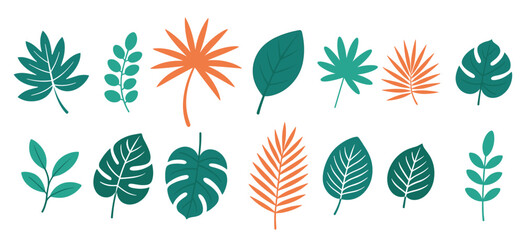 flat collection of various tropical and botanical leaves vector illustration