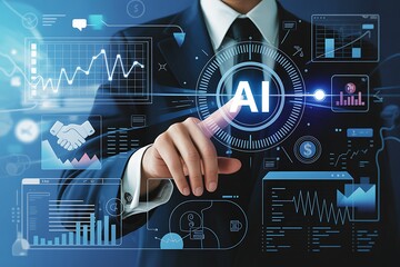 A businessman's hand interacts with an ai interface displaying financial data and business analytics for technological advancements.