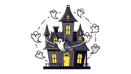 Spooky Haunted House: A hauntingly detailed illustration of a haunted house, complete with eerie ghosts, windows aglow, and a chilling atmosphere, perfect for the Halloween season.