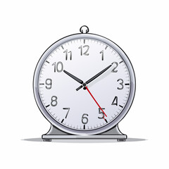 A detailed illustration of a classic silver alarm clock with a white face and black hands, featuring a red second hand, set against a white background.