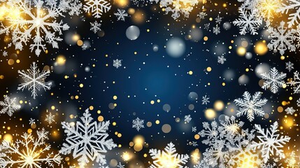 Dark Blue Background with Snowflakes and Golden Bokeh for Winter - themed Designs