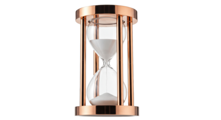 Elegant copper hourglass with white sand isolated on transparent background, time management concept for deadlines and productivity