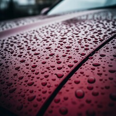 Red Car Hood with Water Droplets.