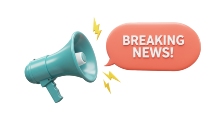 Blue megaphone with speech bubble isolated PNG, breaking news announcement with lightning bolts on transparent background