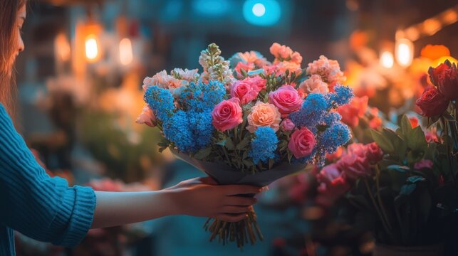 Woman holding vibrant bouquet in florist shop; soft, blurred background