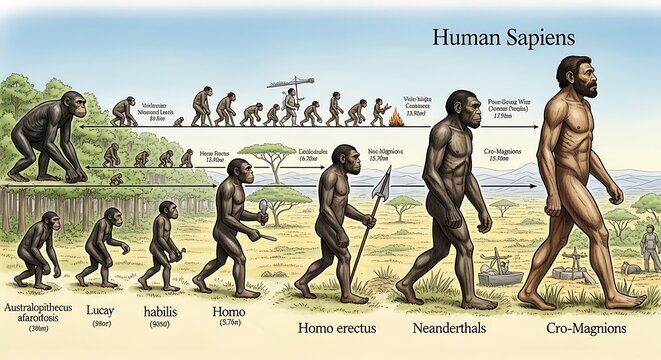 Human Evolution Stages Depicted in a Scientific Illustration.