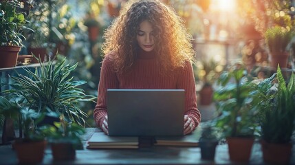 Woman with curly hair works on laptop surrounded by indoor potted plants