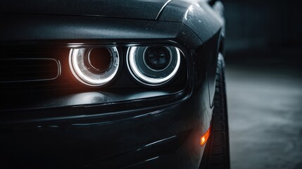 Close-Up of Stylish Black Car Headlight with Dramatic Lighting
