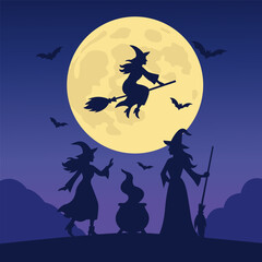 Fototapeta premium Vector illustration of witches at night — one flying on a broom, two near a cauldron, with full moon and bats in the background. Mystical Halloween night scene in silhouette style.