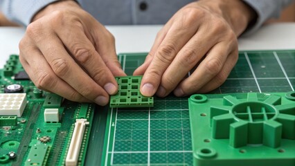 Hands assembling a green circuit board component on a work surface with a grid pattern.