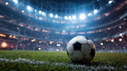 Fototapeta premium Close-Up of a Soccer Ball on a Lush Green Field at Night