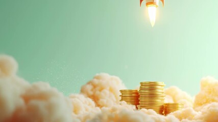 Rocket model taking off above stacks of gold coins with clouds and glow. Concept of financial growth, business success and startup launch - Powered by Adobe
