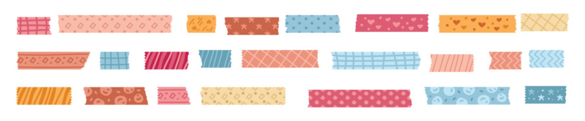 set of bright patterned washi tape strips and pieces of duct