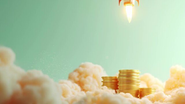 Rocket model taking off above stacks of gold coins with clouds and glow. Concept of financial growth, business success and startup launch