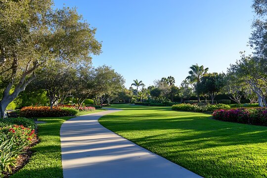 Lush green plants lining a well maintained park jogging trail
