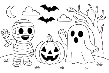 Halloween coloring page featuring a cute mummy, friendly ghost, pumpkin jack-o’-lantern, bats, moon, and spooky tree. Fun cartoon illustration for kids activity or coloring book.