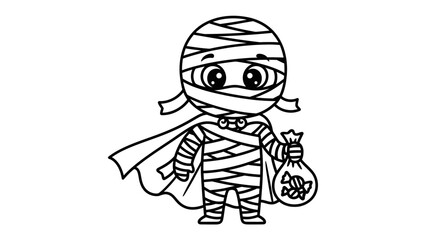 Mummy Holding Candy Bag: A cute cartoon mummy in a costume holding a bag of candies. This adorable illustration captures the fun and playful spirit of Halloween, perfect for various designs.