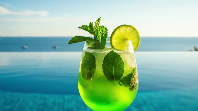 Refreshing green cocktail with mint leaves and a lime slice, served in a glass, with a beautiful ocean view.