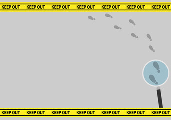 Vector illustration of a keep out tape, footprints and magnifying glass frame