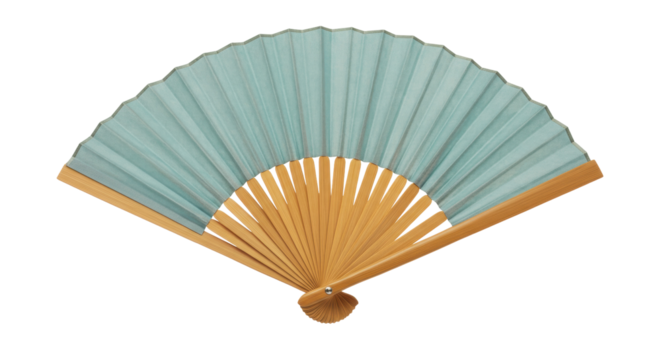 Light blue hand fan isolated on transparent background, traditional Asian folding fan for decoration and summer cooling PNG