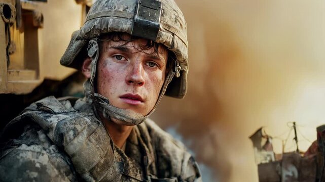 Worn soldier pauses in front of armored vehicles as ash drifts across frame; raw, cinematic emotion suited to documentary edits, history segments, humanitarian spots, and thoughtful news packages abou