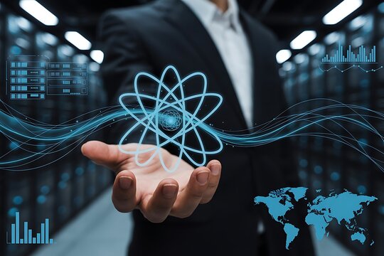 A businessman holding an atom symbol with data visualizations representing the concept of data and technology integration within a modern server room environment.