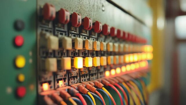Close-up of a vintage industrial electrical control panel with rows of switches and colorful wires.