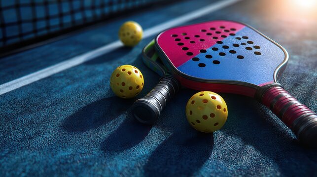 Low angle view Pickleball paddle or racket and ball on a court with empty space, sports equipment, new racket sports game concept for advertising