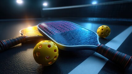 Low angle view Pickleball paddle or racket and ball on a court with empty space, sports equipment, new racket sports game concept for advertising