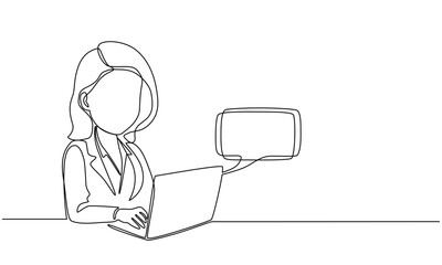 Woman with laptop computer in one continuous line drawing. Symbol of online texting and dialogue.