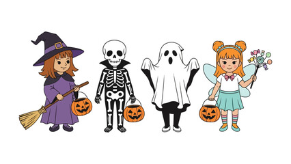 Halloween Costume Characters: A whimsical Halloween illustration featuring four distinct characters - a witch, skeleton, ghost, and fairy - each adorned with their unique attire and accessories.