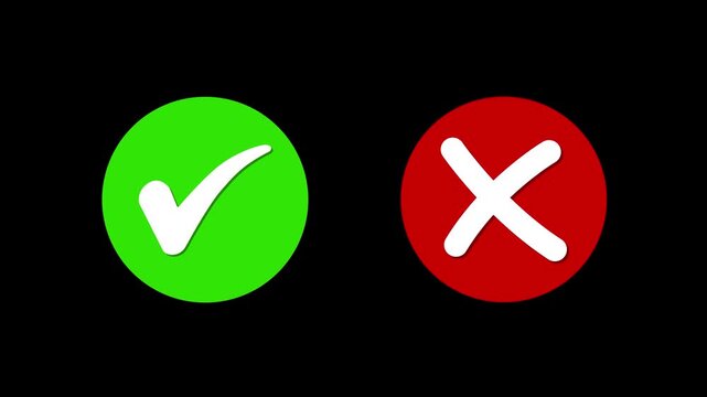 Animated pop-up green check mark and red cross X symbol on a transparent background. A checkmark in and out motion graphics animation. Video footage of yes or no, true or false with tick & close sign