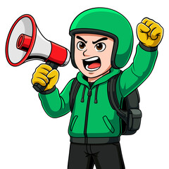 A delivery courier is doing a demonstration with a megaphone