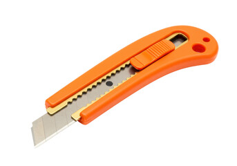 Orange box cutter isolated on transparent background, utility knife with retractable blade for cutting cardboard and paper