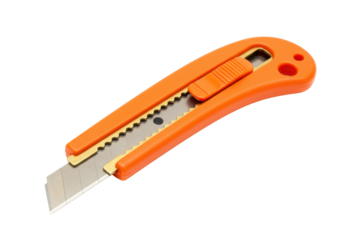 Orange box cutter isolated on transparent background, utility knife with retractable blade for cutting cardboard and paper