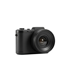 Black digital camera with lens on white background  