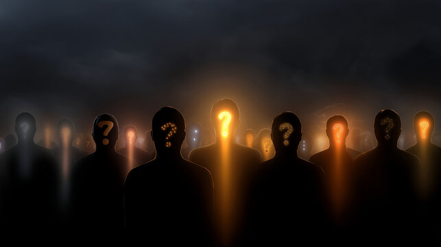 A group of faceless silhouettes with different glowing symbols (question marks, exclamation marks, numbers) instead of faces. faceless crowd, faceless surreal people, faceless soci