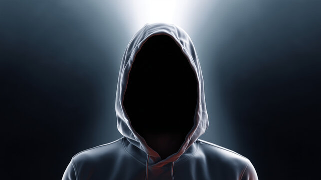 Faceless man in hoodie dissolving into darkness, surreal concept of disappearing identity in modern world. faceless void, faceless identity loss, faceless digital dark, faceless su