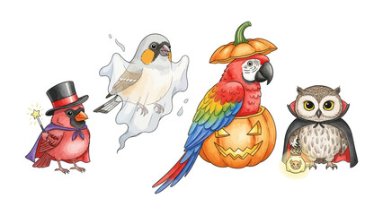 Festive Avian Ensemble: A whimsical collection of Halloween-themed birds dressed in adorable costumes, bringing a touch of fun and charm to the holiday season.