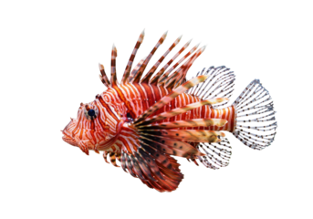 Striking red lionfish PNG isolated on transparent background, venomous marine fish with distinctive stripes and flowing fins, underwater wildlife
