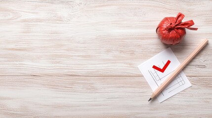Pencil with Checkmark Realistic pencil with a red checkmark on a to do list, wooden desk background, suitable for a productivity or goal setting theme
