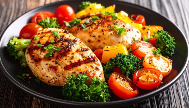 Grilled chicken breast with colorful vegetables on white plate—broccoli, carrots, tomatoes, and herbs evoke health, balance, and nourishment in minimalist dietary symbolism composition.