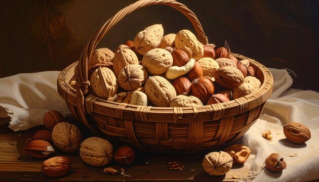 Woven basket filled with assorted nuts—walnuts, almonds, hazelnuts, pecans, Brazil nuts on rustic wood evoke natural nourishment, variety, and earthy warmth in minimalist harvest symbolism composition