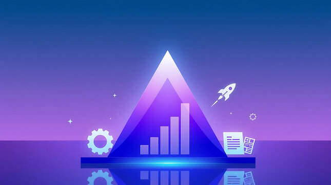 A vibrant illustration showcasing business growth with a bar graph inside a triangle, accompanied by a rocket, gear, and document icons on a blue stage