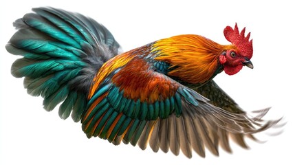 Fototapeta premium Radiant Rooster in Flight: A vibrant rooster with a magnificent display of plumage soars gracefully through the air, capturing its power and elegance.