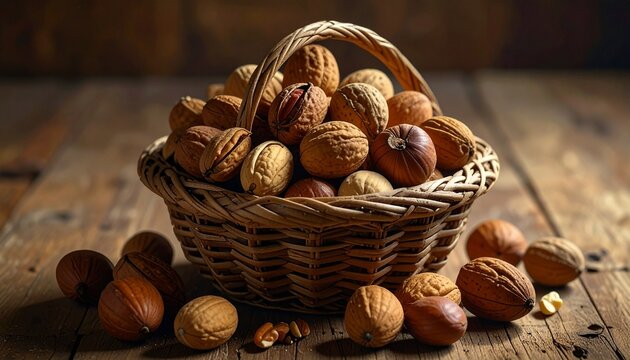 Woven basket filled with assorted nuts—walnuts, almonds, hazelnuts, pecans, Brazil nuts on rustic wood evoke natural nourishment, variety, and earthy warmth in minimalist harvest symbolism composition