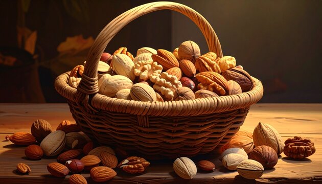 Woven basket filled with assorted nuts—walnuts, almonds, hazelnuts, pecans, Brazil nuts on rustic wood evoke natural nourishment, variety, and earthy warmth in minimalist harvest symbolism composition