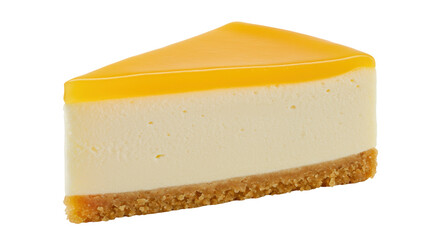 Delicious slice of cheesecake with yellow jelly topping isolated, creamy dessert on no background for menu design and food photography
