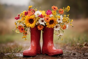 A vibrant bouquet of wildflowers overflowing from a pair of red boots