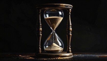 Clear glass hourglass with white sand flowing—dark background and suspended motion evoke time, transience, and quiet urgency in minimalist temporal symbolism composition.